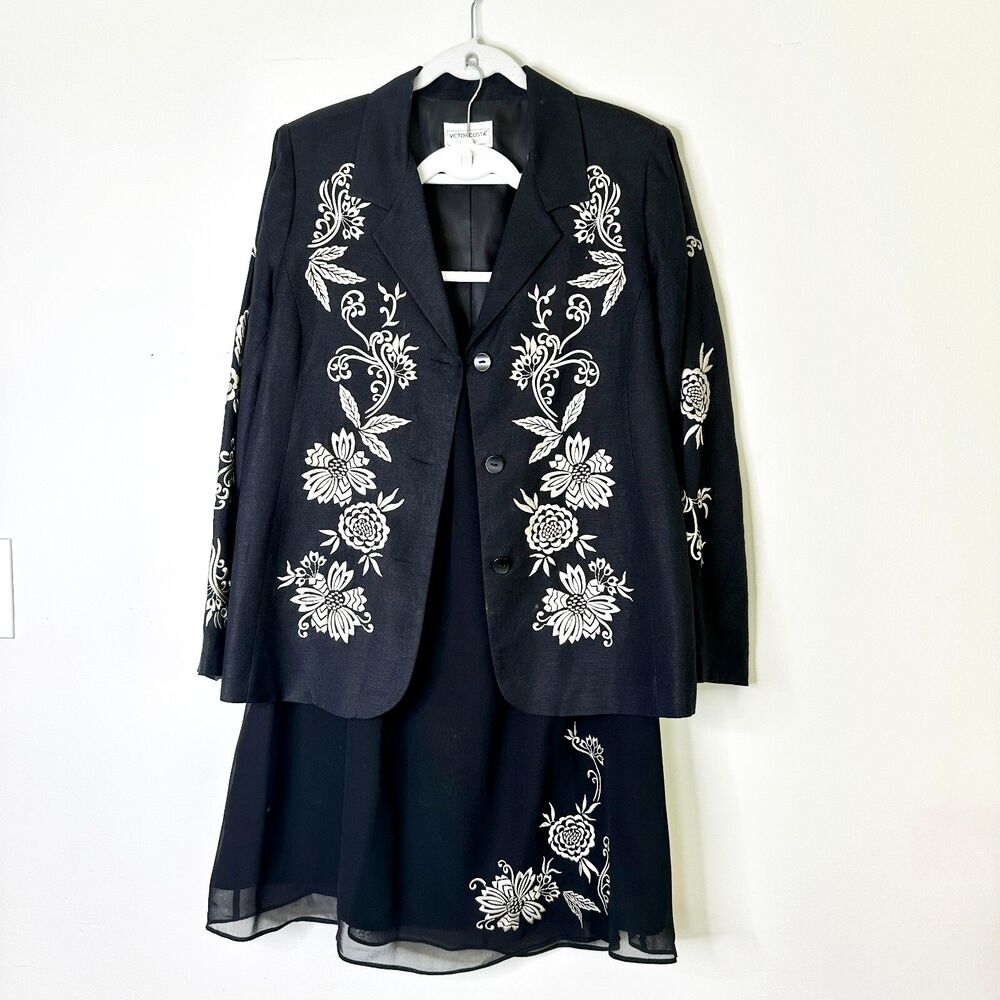 Victor Costa Ocassion Suit Women L Black Embroidered Skirt Blazer Linen Silk VTG